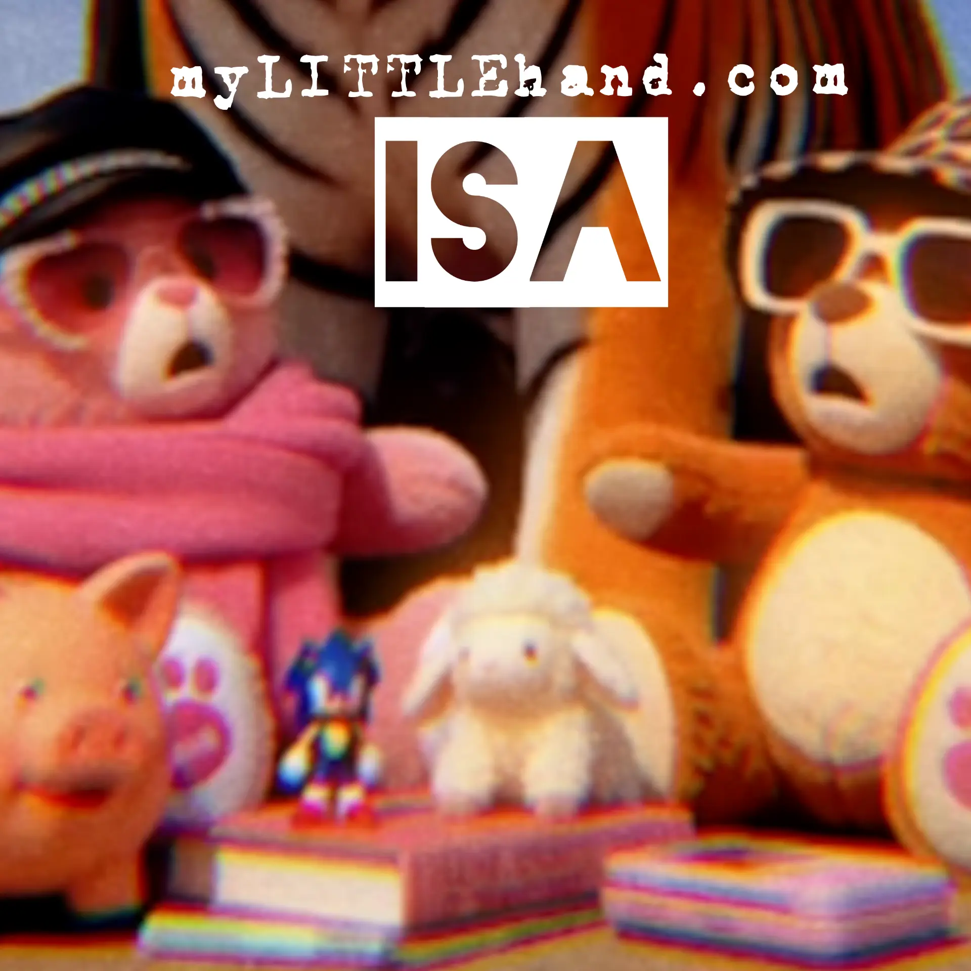 myLITTLEhand.com cover artwork by ISA: teddy bears in sunglasses and caps with a pig, a lamb and a Sonic figure in front of a tiger-striped background